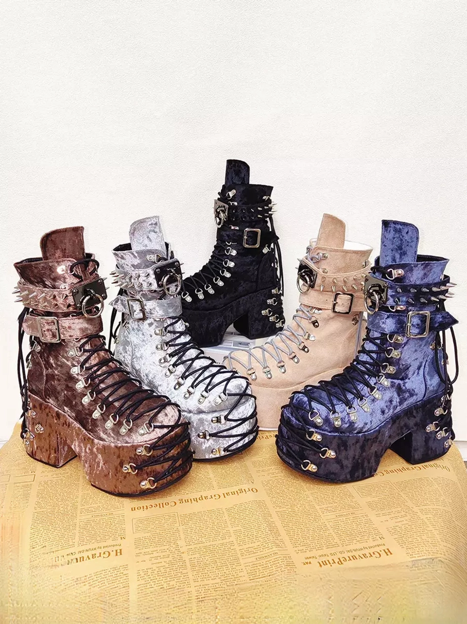 Multiple gothic lolita platform boots color options black navy mauve grey flat lay display