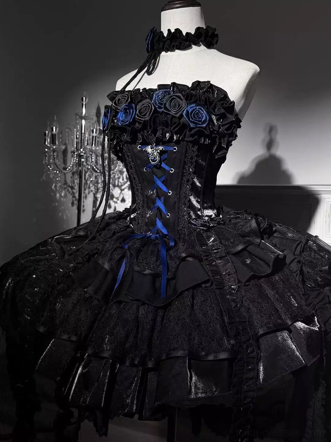 Black blue gothic lolita corset ball gown front view with blue rose trim blue lace-up bodice layered lace ruffle