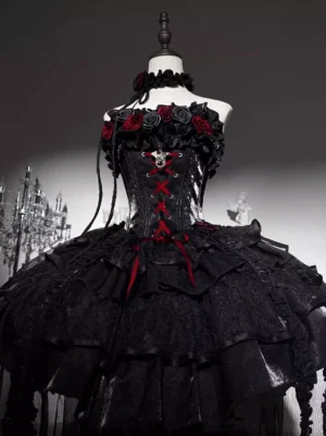 Black red gothic lolita corset ball gown front view with 3D rose decoration strapless tiered ruffle dress