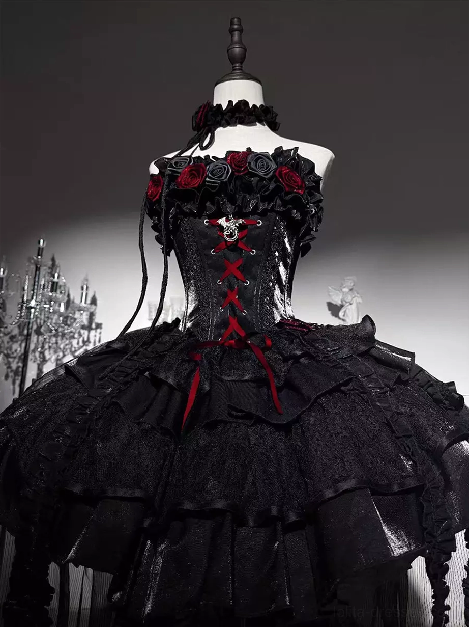 Black red gothic lolita corset ball gown front view with 3D rose decoration strapless tiered ruffle dress