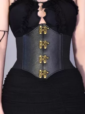 Gothic lolita corset waist belt with antique bronze toggle clasps worn over black ruffled gothic outfit front view