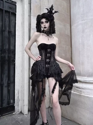 Gothic Lolita corset with matching bloomers set full front three-quarter view female model vintage stone doorway strapless corset sheer tulle side drapery