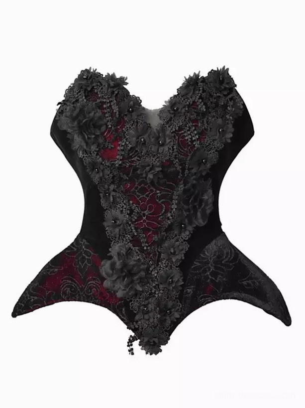 Gothic lolita corset bustier with black lace beading red velvet back lace-up closure detail