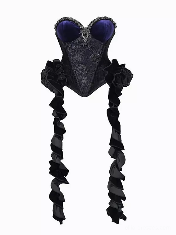 Gothic lolita corset bustier worn as part of complete coordination showing velvet, crystals, and ruffles working together harmoniously