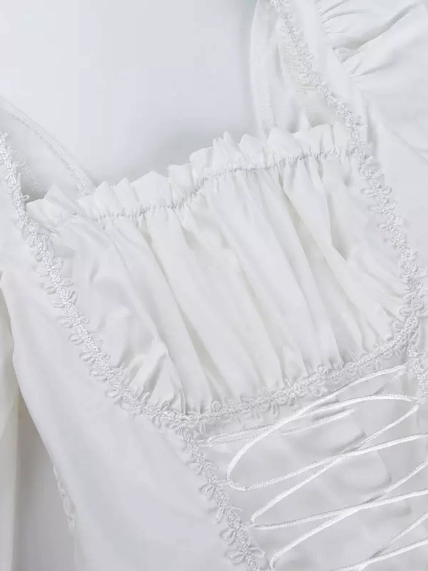 Gothic lolita lace-up corset dress construction detail, structured bodice with layered lace ruffles, Victorian-inspired corsetry craftsmanship
