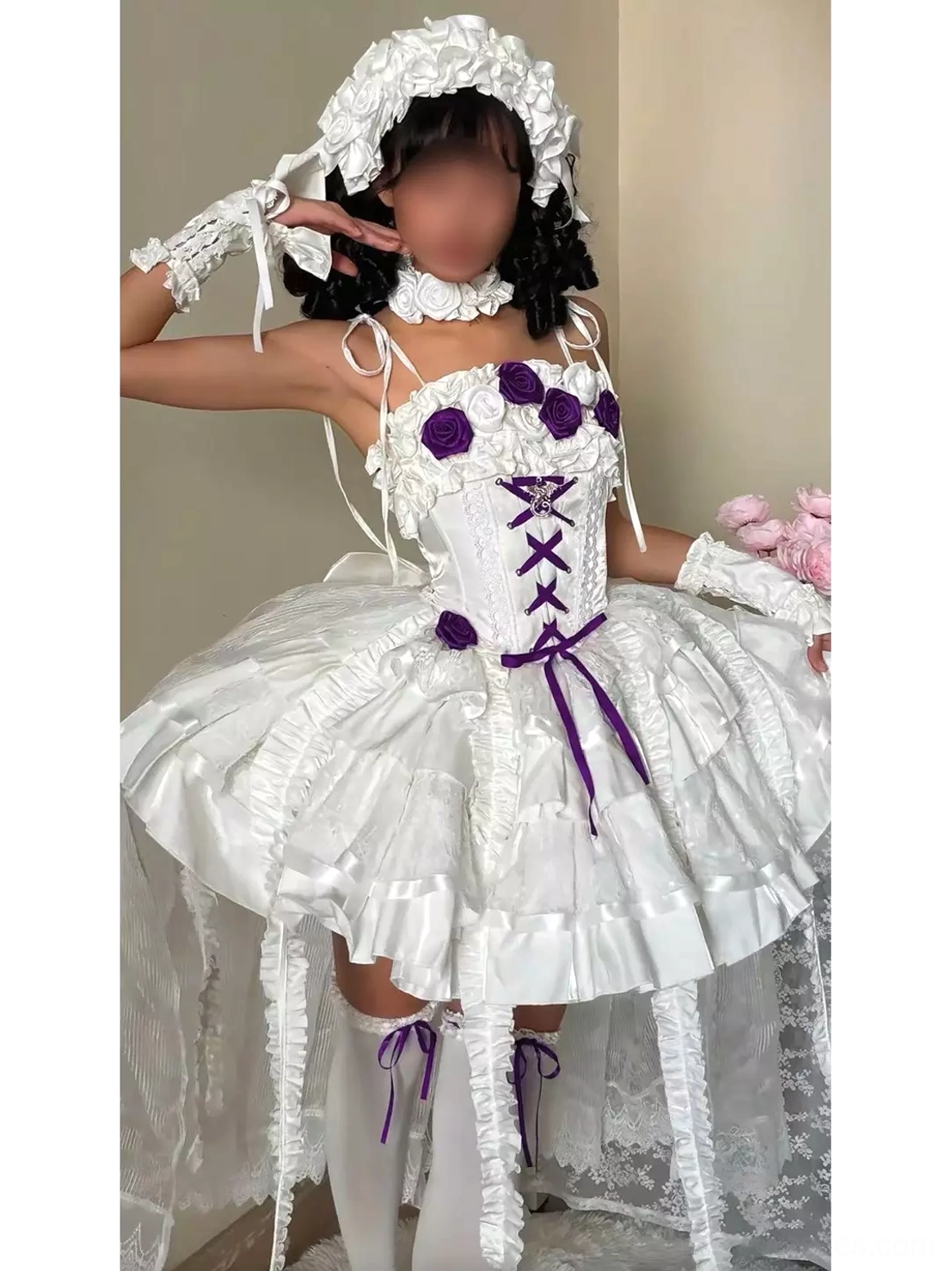 Gothic lolita corset ball gown close-up details 3D rose embellishment strapless neckline polyester tiered ruffle construction