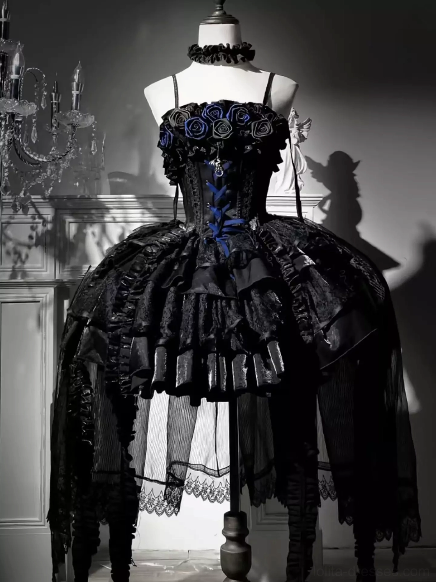 Gothic lolita corset dress full back view black base blue lace-up rose neck decoration high-low tulle skirt side drapery