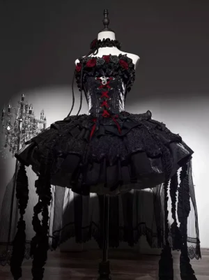 Gothic lolita corset dress back three-quarter view with red lace-up bodice and rose trim tiered ruffle skirt