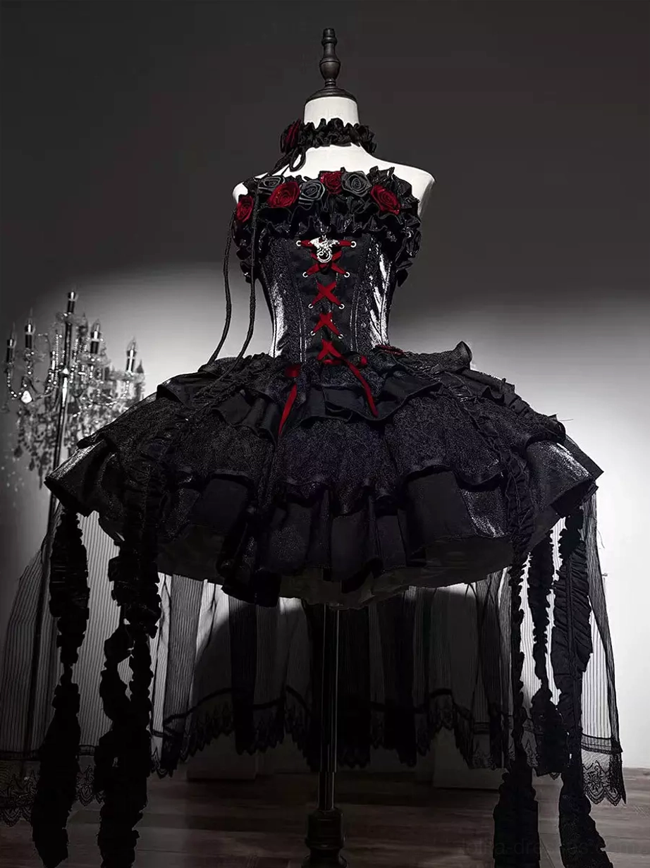 Gothic lolita corset dress back three-quarter view with red lace-up bodice and rose trim tiered ruffle skirt