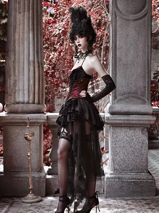 Black gothic lolita corset dress set full-body three-quarter view bare back design hand on hip ruffled skirt