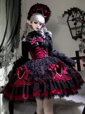 Gothic lolita corset mini dress black and red colorway full front view with matching bonnet, layered lace hem, and corset-style bodice on model