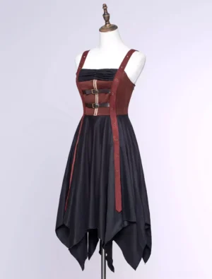 Three-quarter front view of gothic lolita corset dress with brown buckle details and asymmetrical black skirt steampunk styling