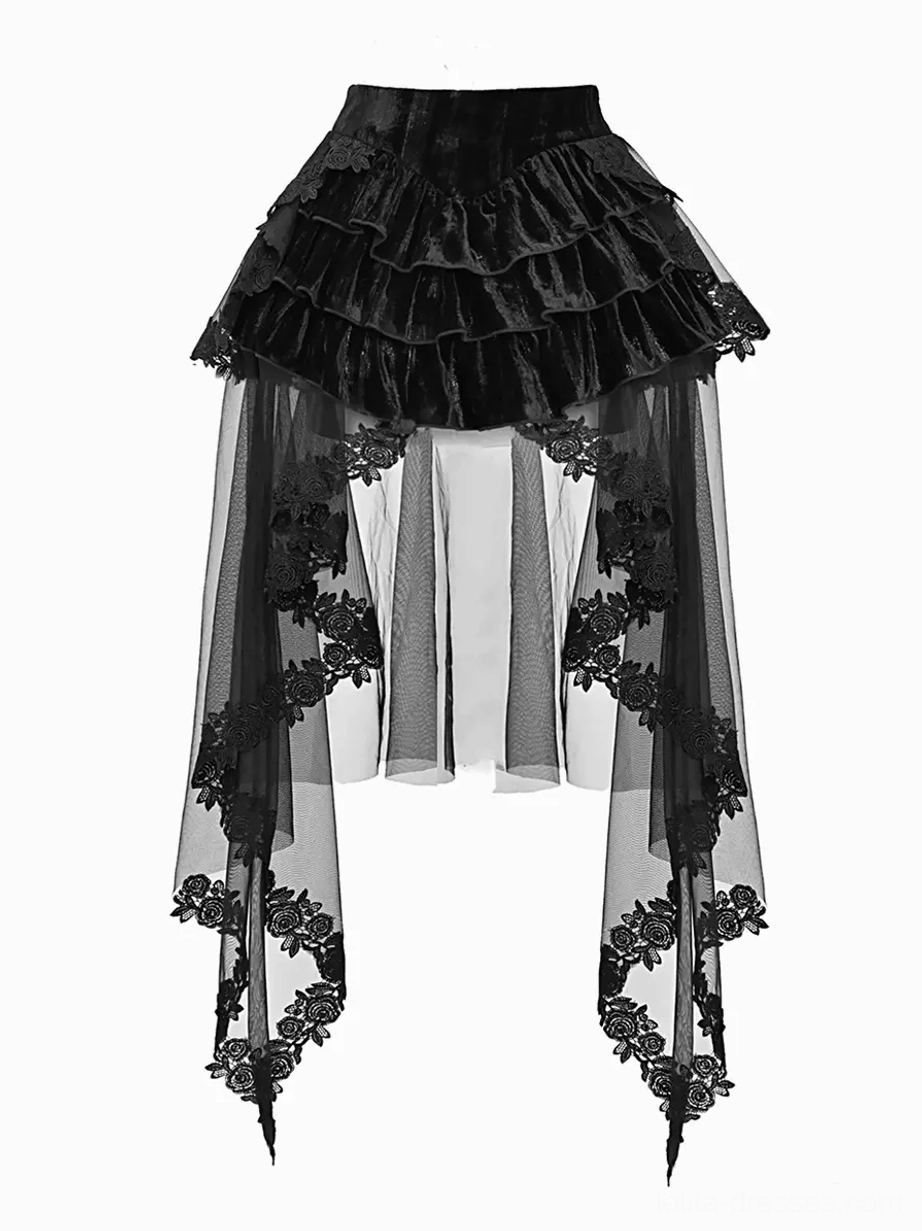 Gothic lolita black corset dress set detail photography showing craftsmanship boning structure and ruffled layers