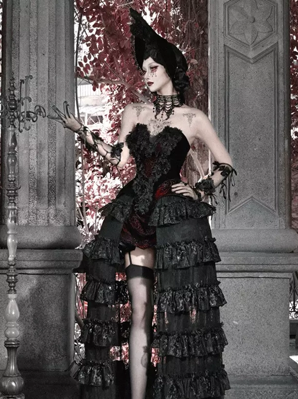 Gothic high-low lolita corset dress with sweetheart neckline thigh garter layered ruffles model full front