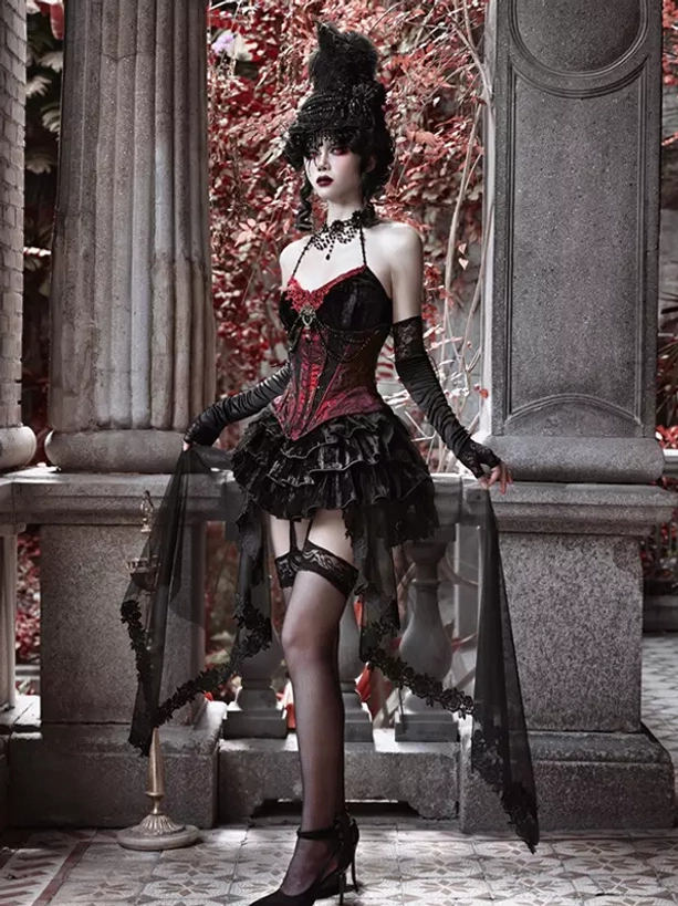 Gothic lolita corset trumpet skirt full-body side view holding skirt train high-heeled pumps movement and drama