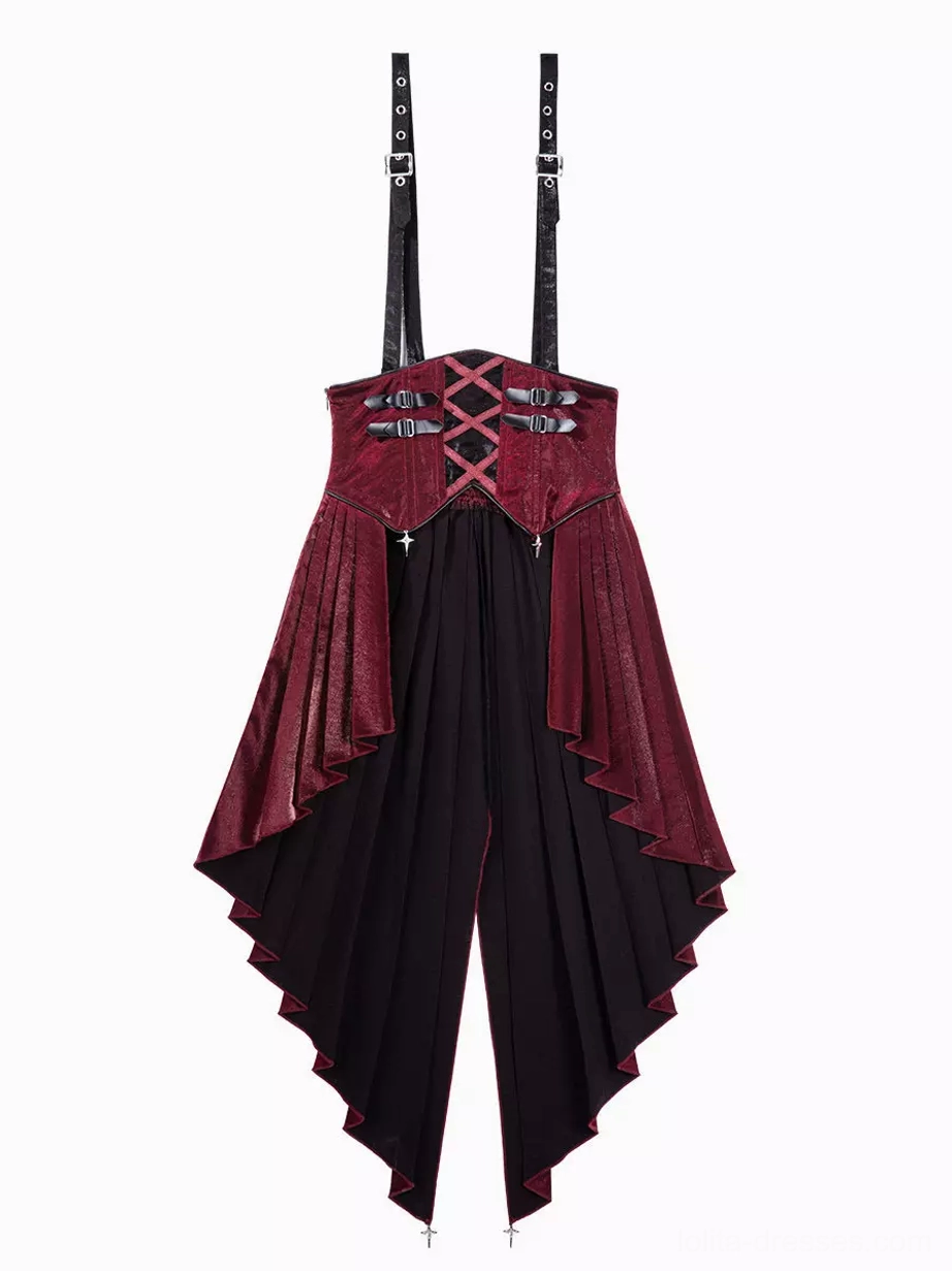 Wine red and black gothic lolita corset dress detail shot showing lace-up closure and velvet fabric texture