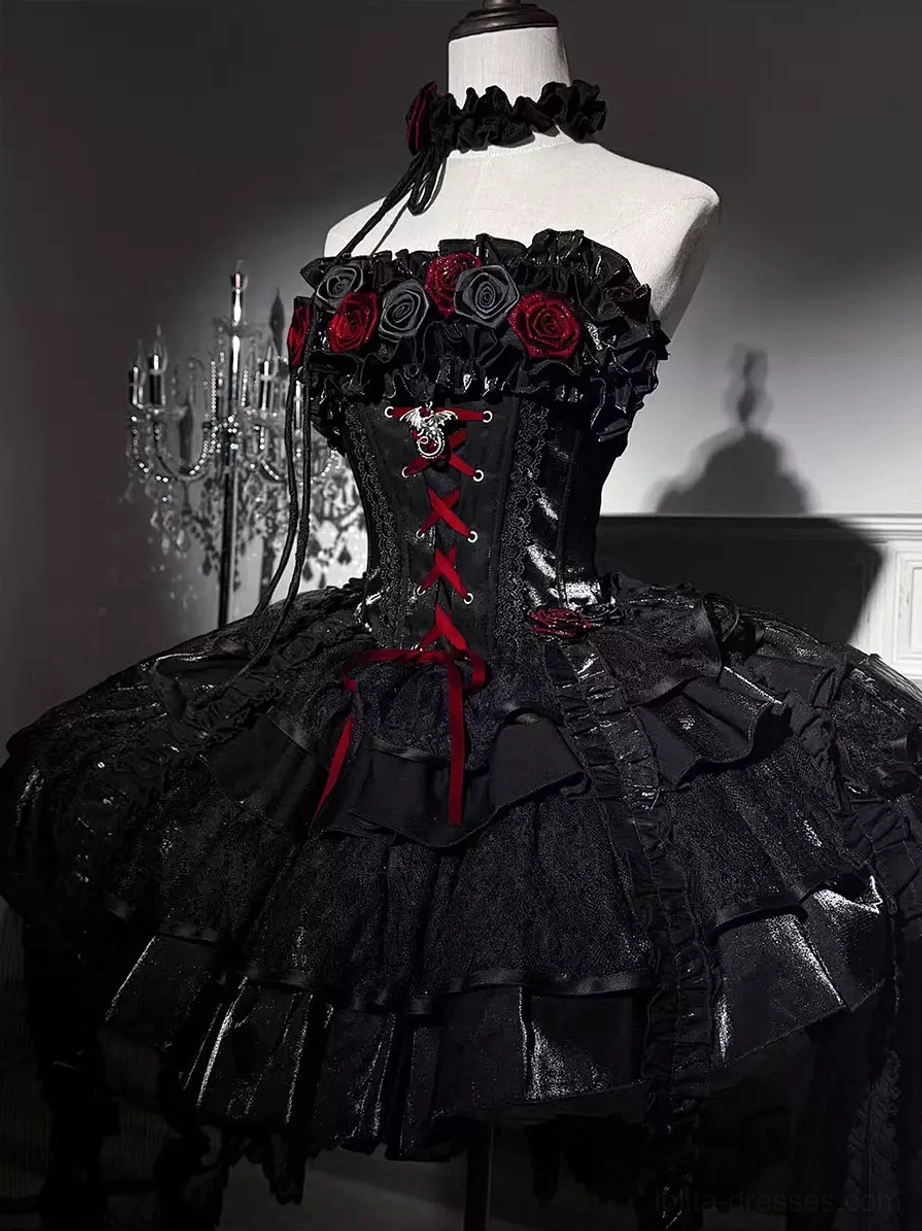 Gothic lolita corset dress left front view with red lace-up bodice 3D rose decoration halter choker neckline