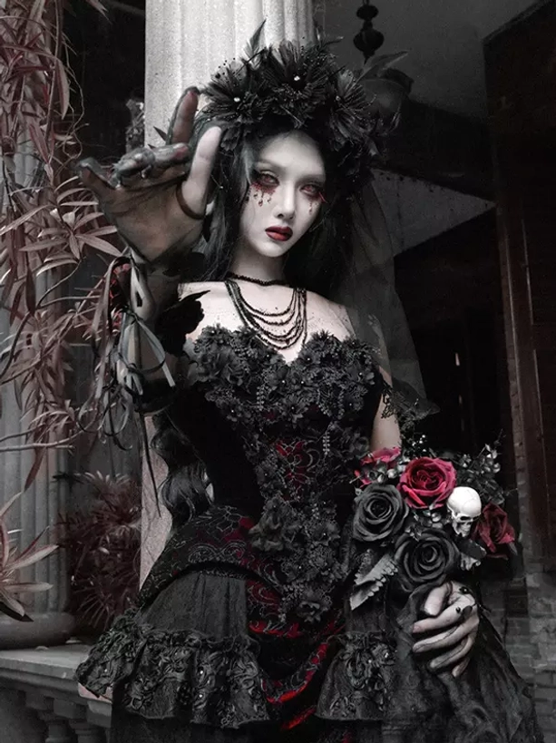 Gothic lolita red velvet corset dress with layered ruffled skirt and skull floral details model wearing