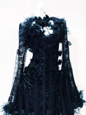 Gothic lolita corset dress upper bodice detail dark navy with densely layered black roses off-shoulder neckline double chain waist trim ornate embellishment