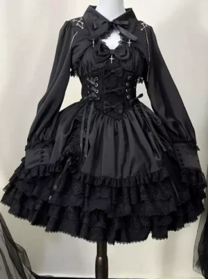 Gothic lolita dress ensemble showing three-quarter angle view with intricate corset detailing, long sleeves with bow collar, cross embellishments, and dramatic layered ruffles