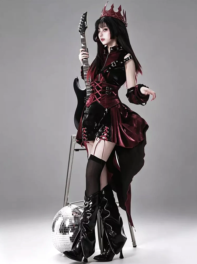 Three-quarter right side view of gothic lolita corset dress featuring detachable arm sleeves and asymmetrical hemline design