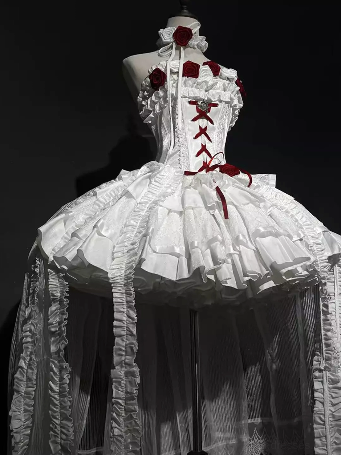 White black red gothic lolita corset dress front view red rose decor mixed lace-up bodice long tulle side drapes tiered ruffle