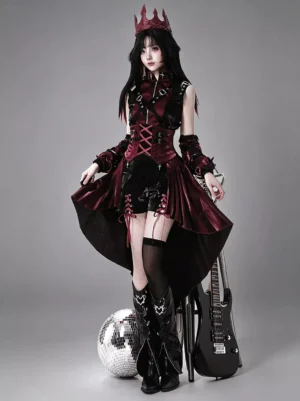 Wine red and black gothic lolita corset dress with lace-up front and high-low velvet hem, full front view on display mannequin