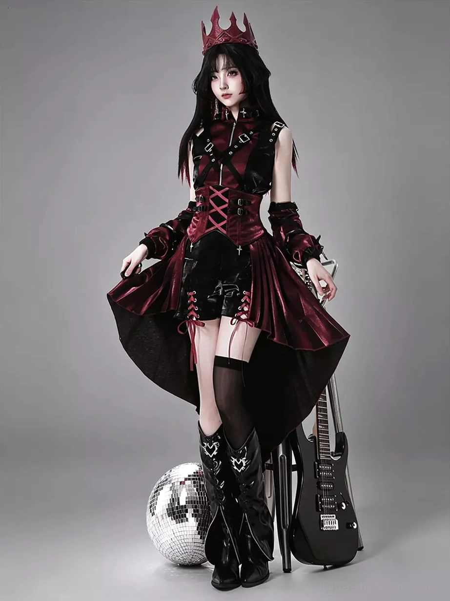 Wine red and black gothic lolita corset dress with lace-up front and high-low velvet hem, full front view on display mannequin