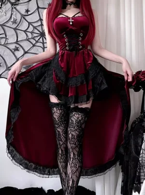 Gothic lolita corset dress wine red velvet full-body front view with lace ruffles and high-low hem showcasing pinafore style silhouette