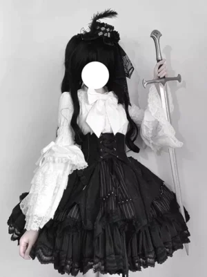 Gothic lolita ensemble front full-body view featuring black lace-up corset shirt with flare sleeves, tiered ruffle skirt, satin bow cravat, worn with platform boots and feather headdress