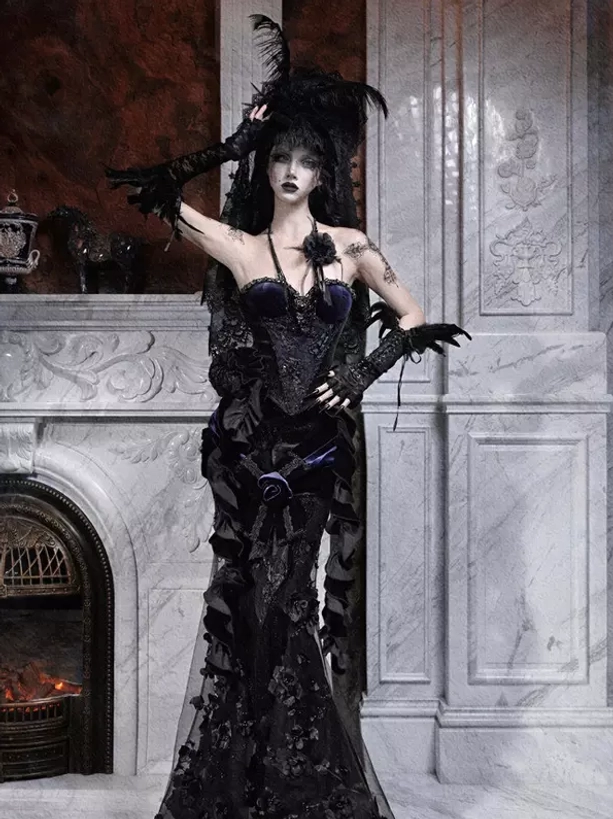 Gothic lolita corset gown with sheer long lace gloves and ruffled mermaid skirt - three-quarter front pose with flower chest decoration