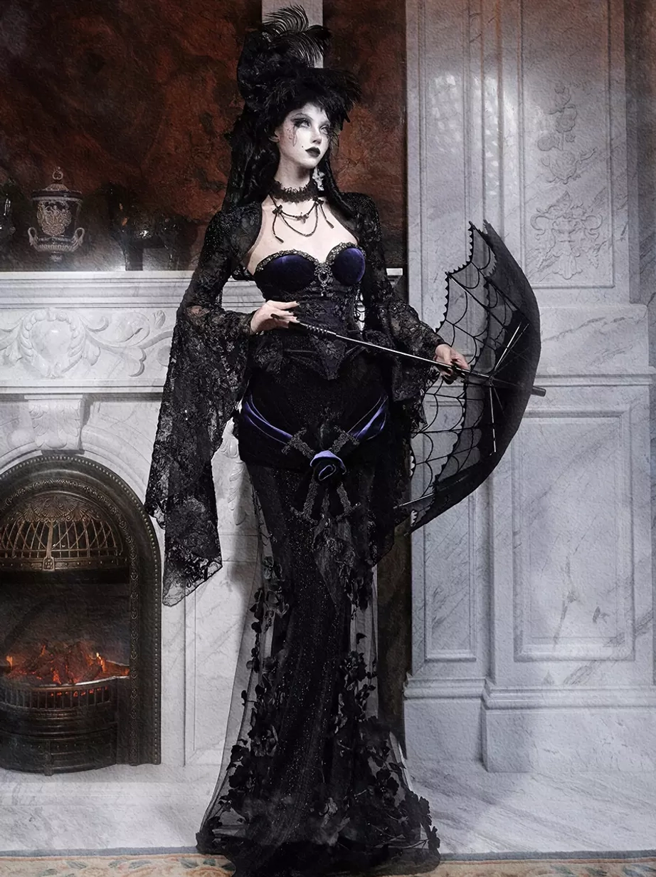 Gothic lolita corset gown with lace parasol umbrella - full-length front standing view with sheer lace shawl and rose decorations