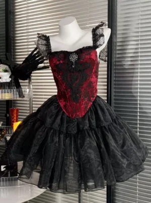 Gothic Lolita corset JSK dress three-quarter angle view with jeweled brooch accent ruffled lace straps gothic gloves