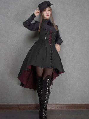 Gothic Lolita corset JSK three-quarter angle showing front lace-up waist corset detail and pleated skirt with model