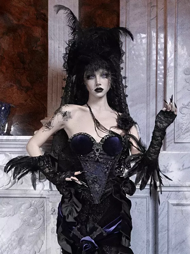 Three-quarter view gothic lolita corset outfit with structured lace bustier and feathered glove trim - model with feather veil headdress