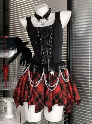 gothic lolita 2-piece set front view black lace-up corset tank red plaid skirt star chain waist belt cross choker