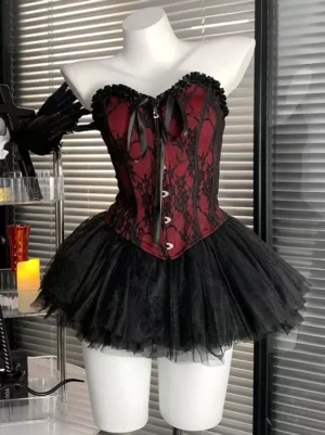 Gothic Lolita corset tulle skirt set front view red black floral lace-up sleeveless corset with dramatic black tulle skirt full-body display