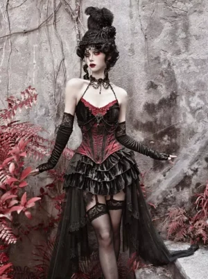Gothic lolita sleeveless corset halter dress set front view featuring layered ruffled mini skirt with detachable train and boned bodice