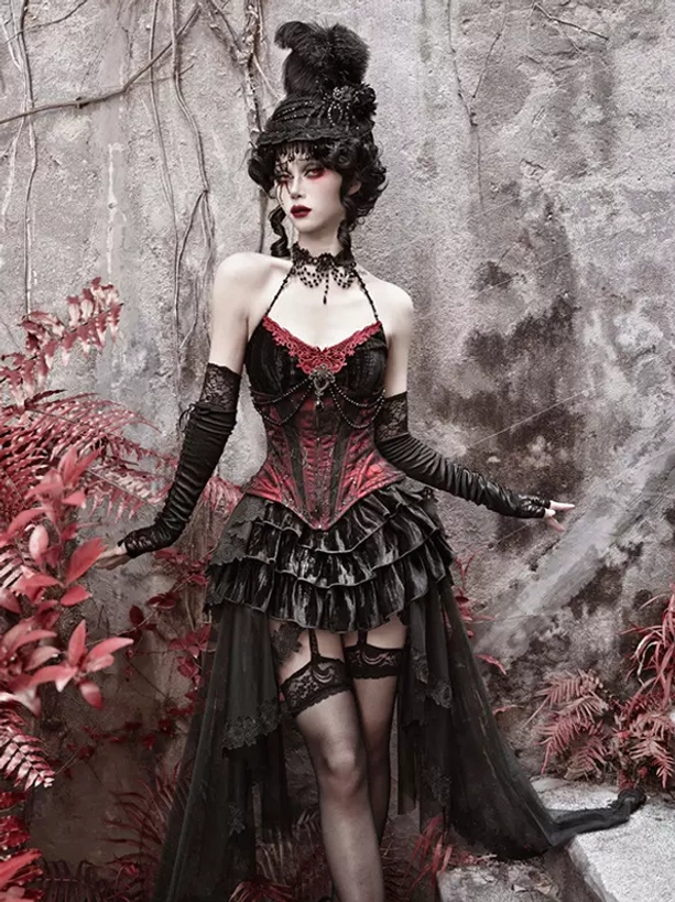 Gothic lolita sleeveless corset halter dress set front view featuring layered ruffled mini skirt with detachable train and boned bodice
