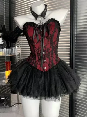 Gothic Lolita red black lace corset set with leather cross pendant choker accessory front view alternative fashion styling