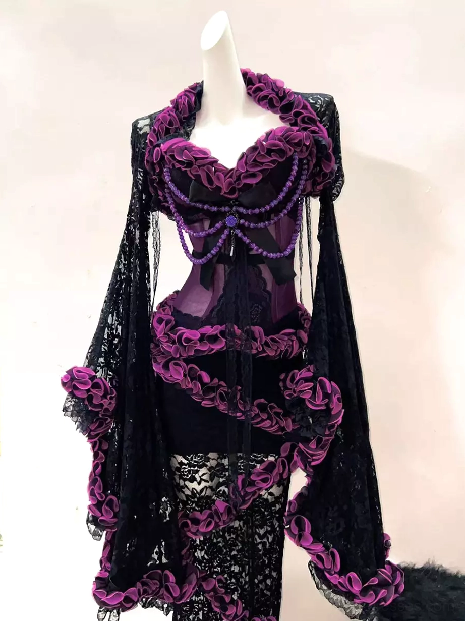 Left-side view of gothic purple lolita costume on mannequin featuring bow front detail with purple bead chain accents and sheer mesh fabric construction