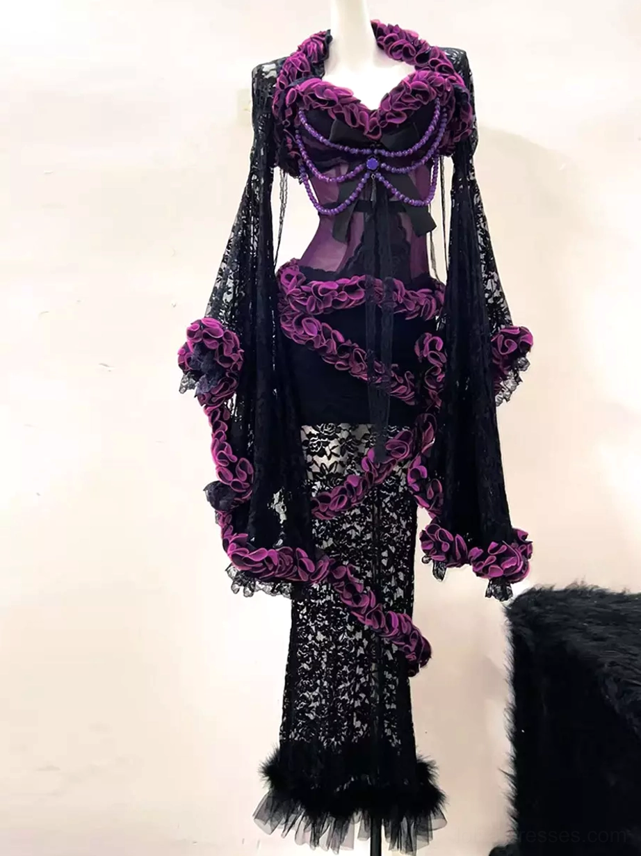 Three-piece gothic lolita party costume front mannequin display showing sheer purple bust top with ruffled neckline and layered lace mermaid skirt details