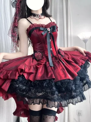 Gothic lolita dress crimson red black train front view spaghetti strap bow rose details
