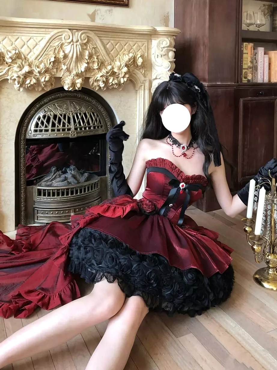 Crimson rose gothic lolita dress ensemble styling flat lay details accessories overview
