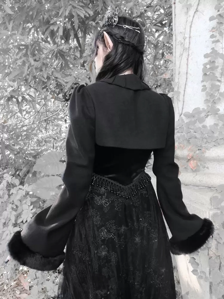 gothic-lolita-cropped-coat-back-view-full-body-tailored-coat-high-waist-lace-skirt-foliage-background