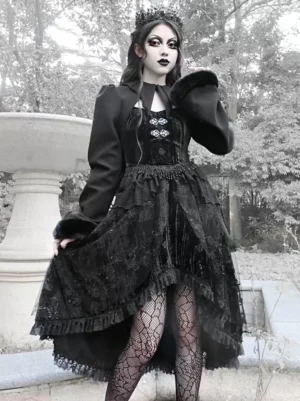 gothic-lolita-cropped-coat-full-body-front-view-model-wearing-black-polyester-coat-with-lace-skirt-outdoor-garden-setting
