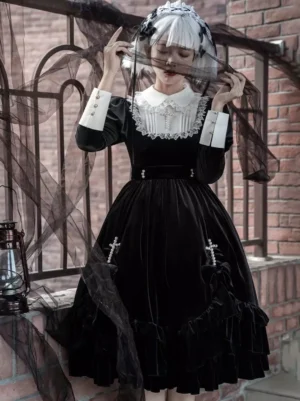 Gothic lolita velvet dress with cross decorations and lace neckline front view with black sheer veil vintage aesthetic