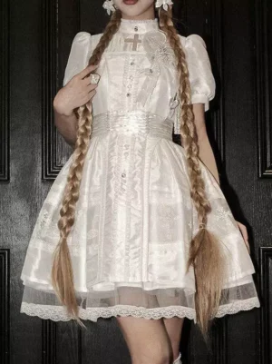 white gothic lolita dress torso detail showing cross embroidered collar corset waist and lace chest bow decoration