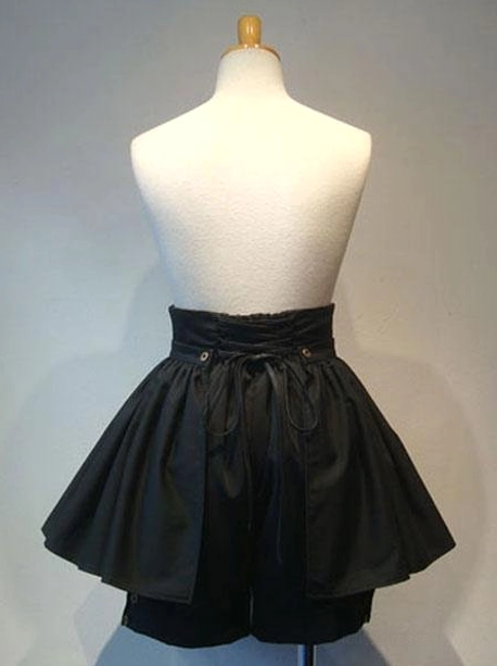 Black gothic lolita detachable culottes back view with rear lace-up corset details and structured pleats