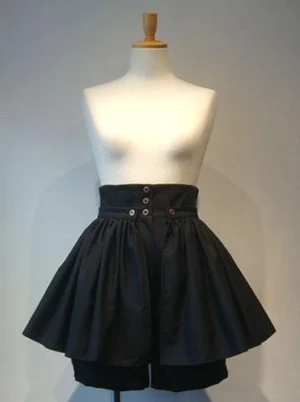 Black gothic lolita detachable culottes front view with metallic buttons and pleated flared design high-waisted silhouette